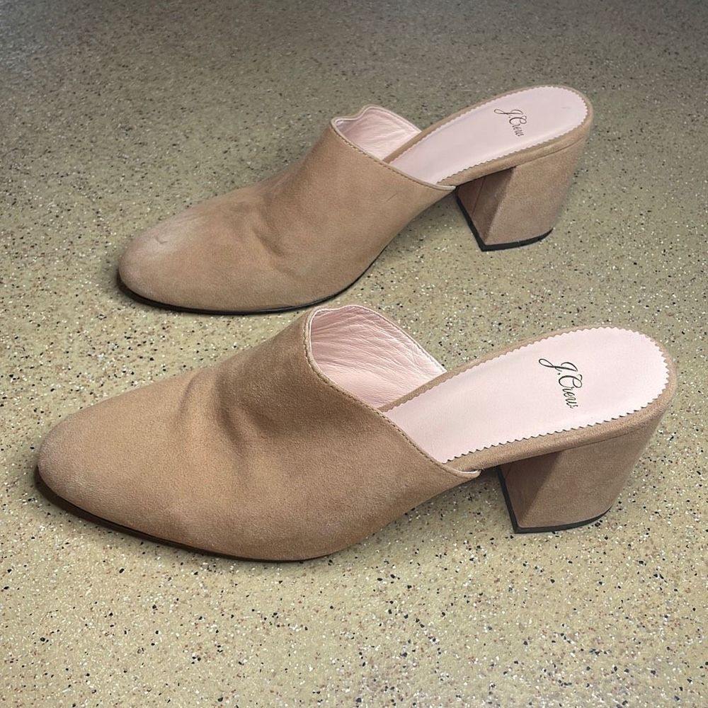 J. Crew Tan Suede Block Heeled Slip On Mules sz 10